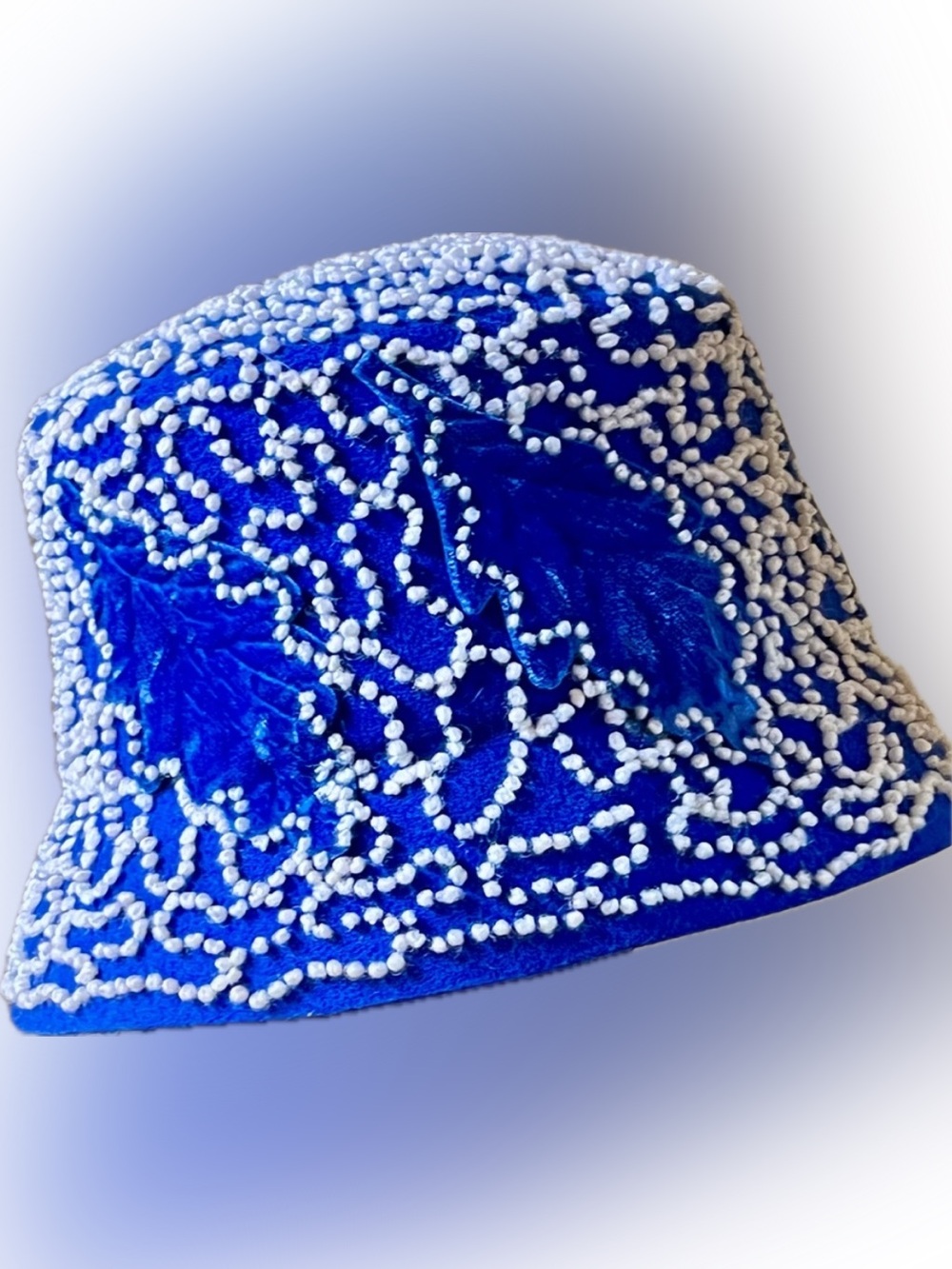 Vintage 60s Glamour Felts Royal Blue Wool Bucket Hat Velvet Leaf Pearl Cording